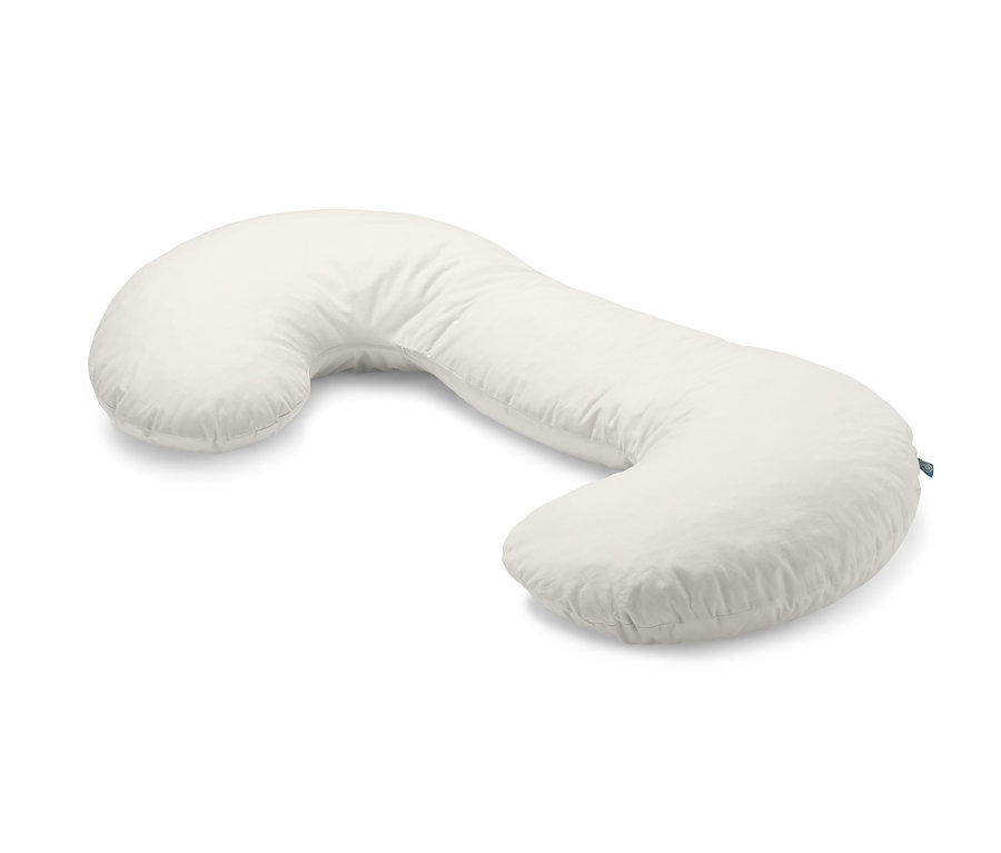 Ein weißes XL-Seitenschläferkissen liegt auf einem weißen Hintergrund.