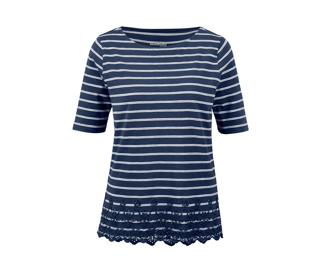 Ein blau-weiß gestreiftes Halbarmshirt mit Lochstickerei.