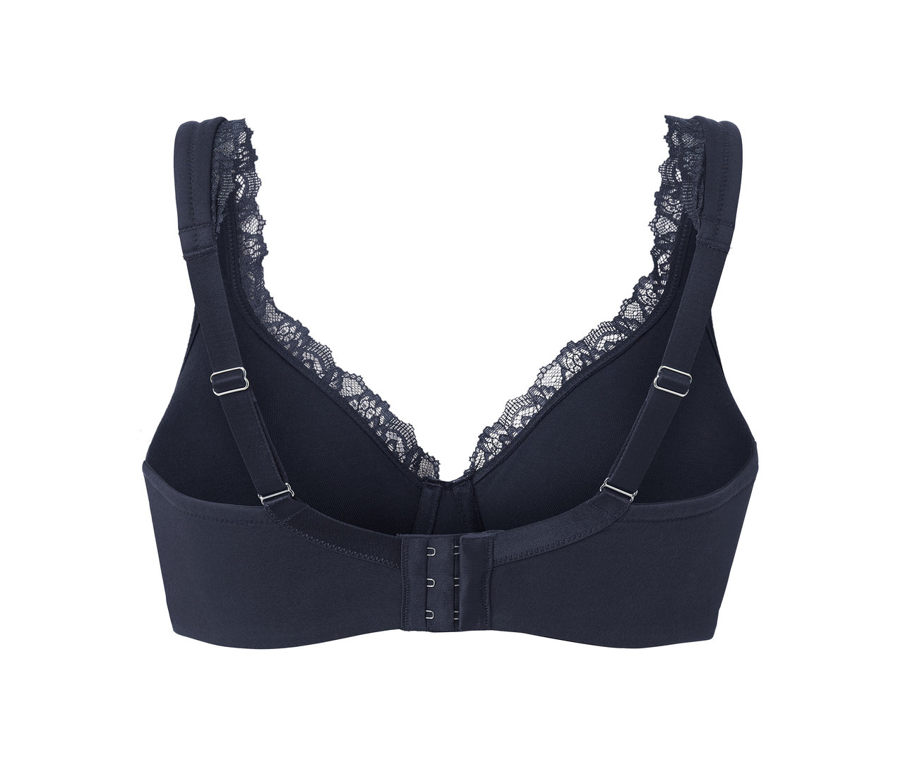 Detailansicht von Rückseite eines schwarzen Bügel-BHs mit Spitze.