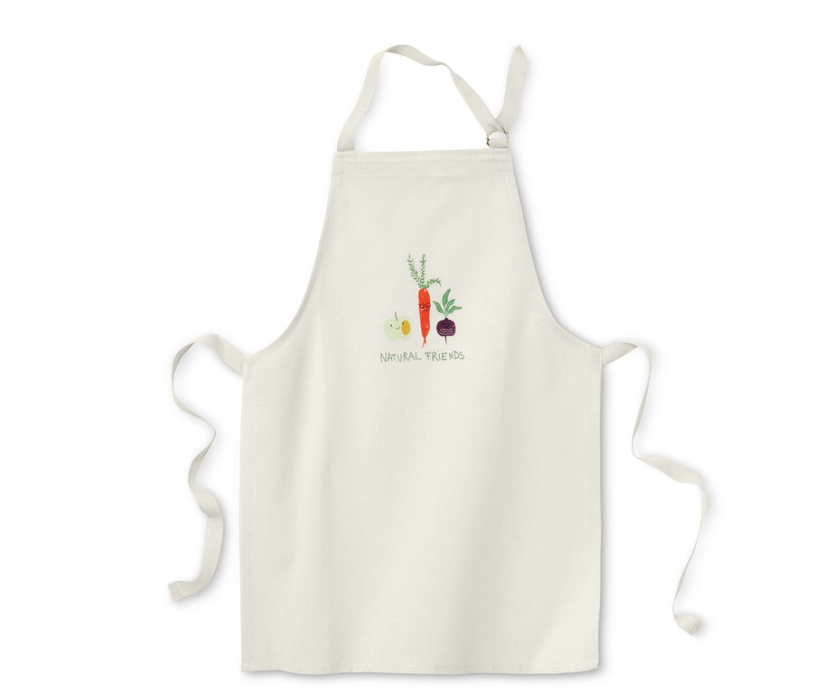 Weiße Kleinkinder-Küchenschürze mit Gemüseillustration.