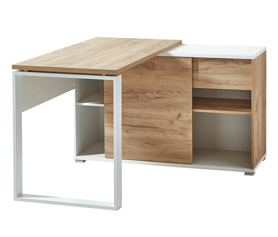 Eck-Schreibtisch »Lioni« mit Holzplatte und weißem Rahmen.