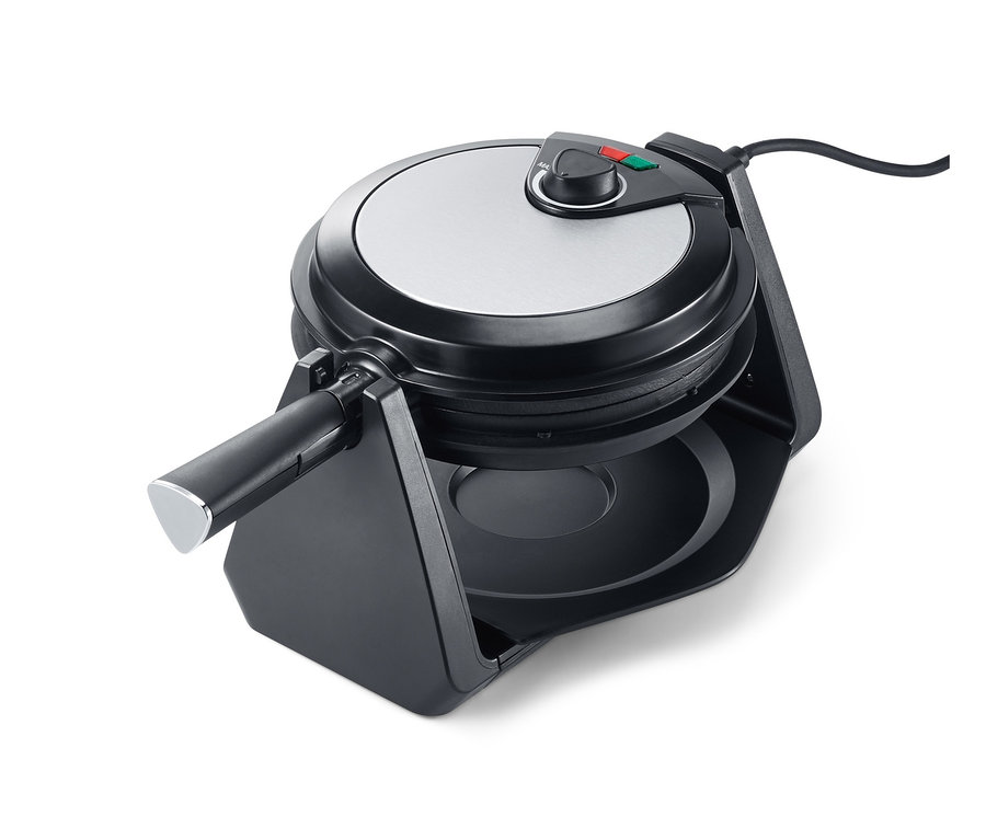 Waffeleisen mit Drehmechanismus auf weissem Hintergrund.