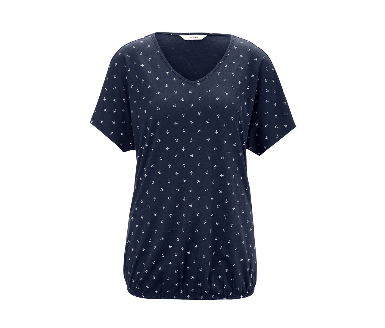 Marineblaues Blusenshirt mit Alloverprint aus kleinen weißen Ankern.