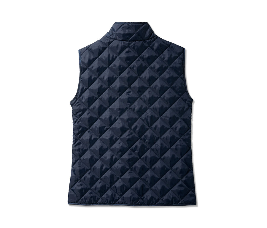 Detailansicht der Rückseite einer marineblauen 3-in-1-Regenmantel Steppweste.