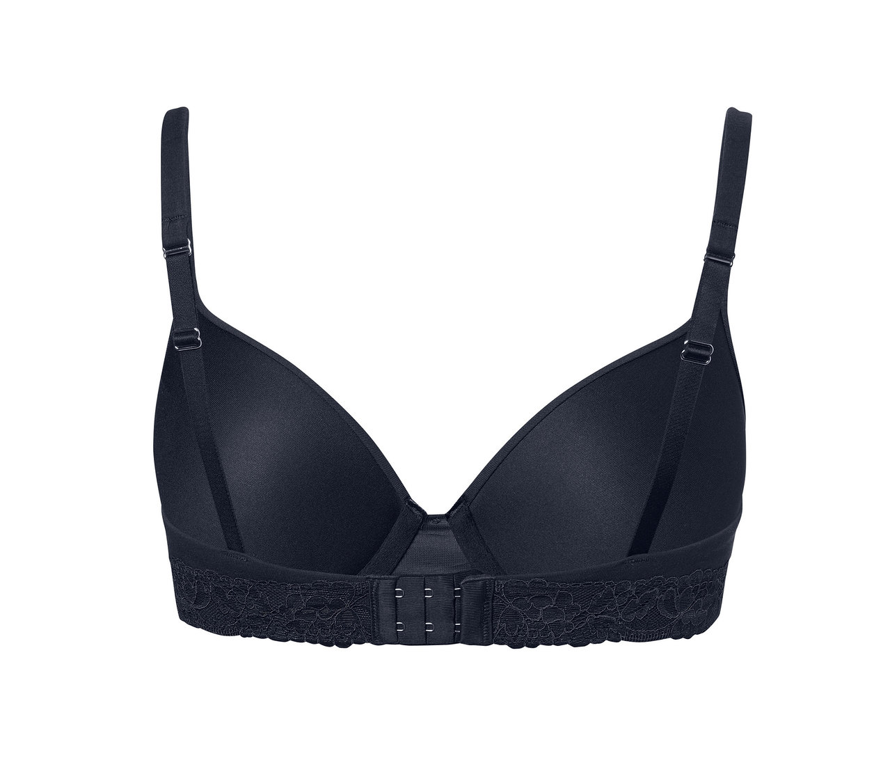 Detailansicht von Rückseite eines marineblauen T-Shirt-BHs.