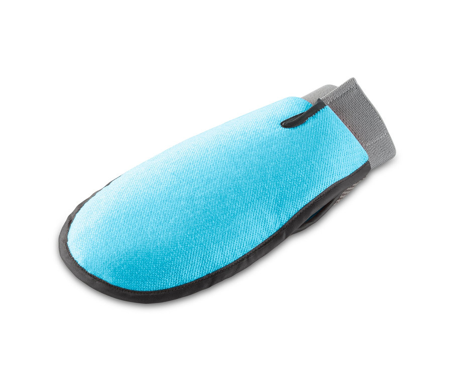 Blauer Fellpflege-Handschuh.
