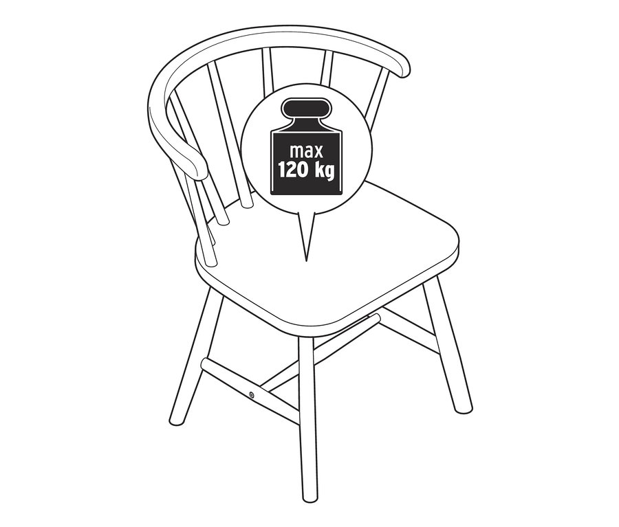 Zeichnung eines einzelnen Holzstuhls mit einem maximalen Gewichtslimit von 120 kg.