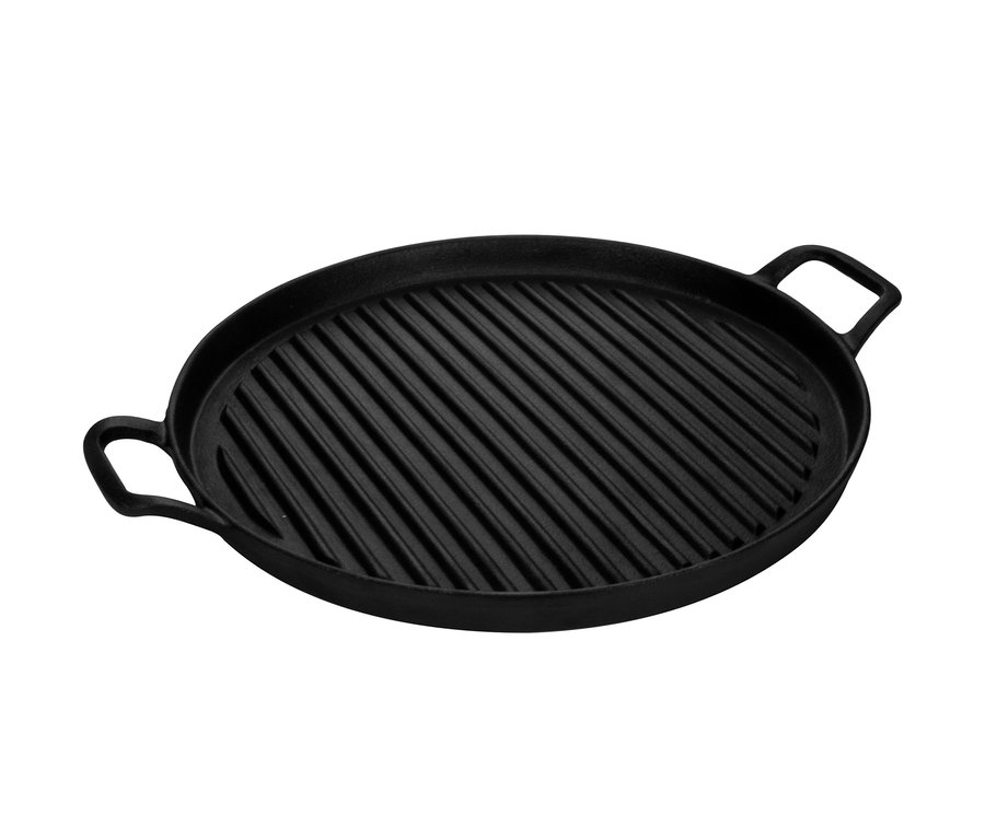 Schwarze Gusseisen-Grillplatte mit Griffen.