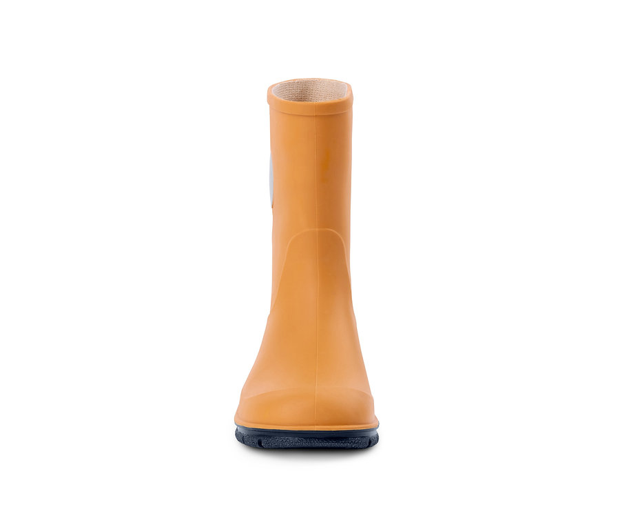 Gelber Gummistiefel auf weißem Hintergrund.