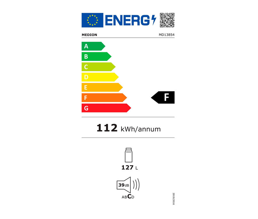 Energielabel des MEDION Tisch-Vollraumkühlschranks »MD13854« mit der Energieeffizienzklasse F, einem jährlichen Verbrauch von 112 kWh und einem Fassungsvermögen von 127 Litern.