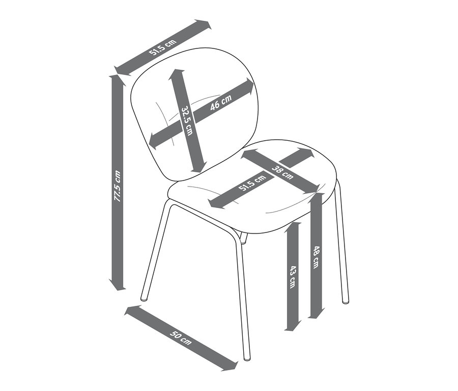 Abmessungen eines gepolsterten Designstuhls in Dunkelgrau und Greige.