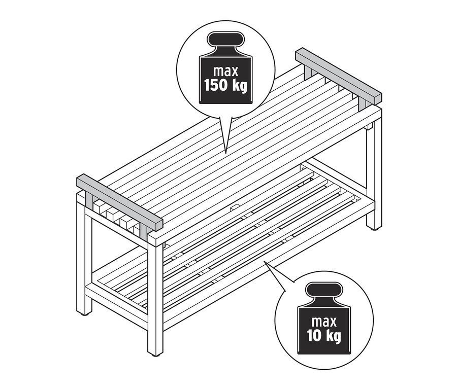 Illustration eines Schuhregals mit Sitzgelegenheit aus FSC®-zertifiziertem Holz.