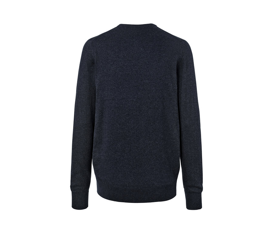 Dunkelblau melierter Pullover mit Rundhals-Ausschnitt.
