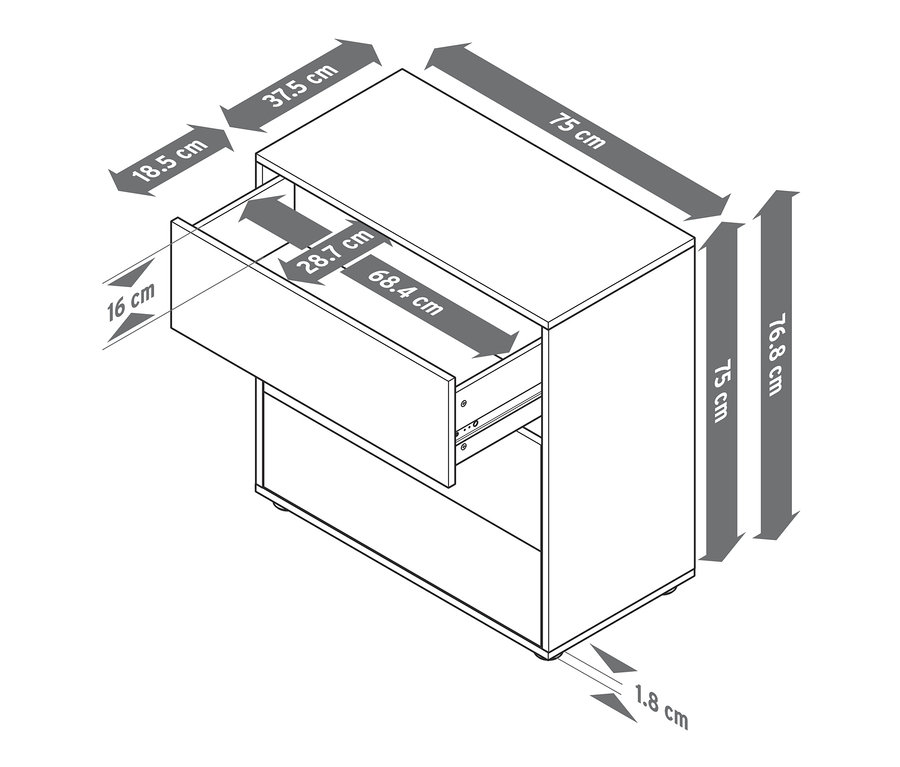 Explosionszeichnung eines Flemming Regalmoduls, ca. 75 x 75 cm, mit 3 Schubladen, Eichendekor.
