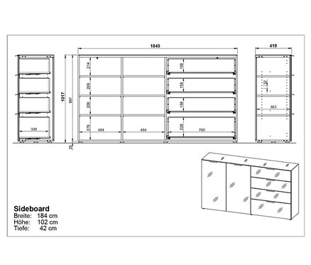 Maßplan des Germania-Sideboards »Oakland 3698«.