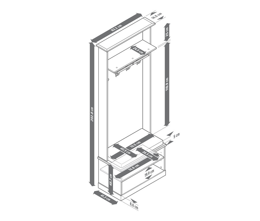 Abmessungen der Garderobe mit Sitzbank im Landhausstil.
