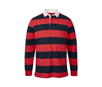 Gestreiftes, marineblau-rotes Langarm-Poloshirt.