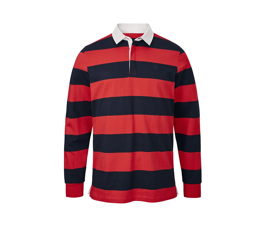 Gestreiftes, marineblau-rotes Langarm-Poloshirt.