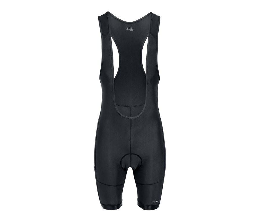 Schwarze Fahrrad-Trägerhose.