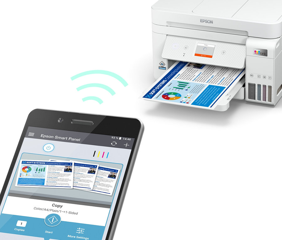 Ein Mobiltelefon mit der Epson Smart Panel App ist mit einem weißen Epson Multifunktionsdrucker verbunden.