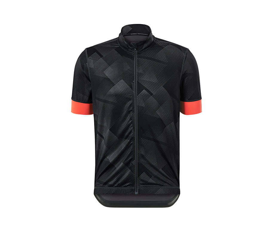 Schwarzes Radtrikot mit orangefarbenen Ärmeln.