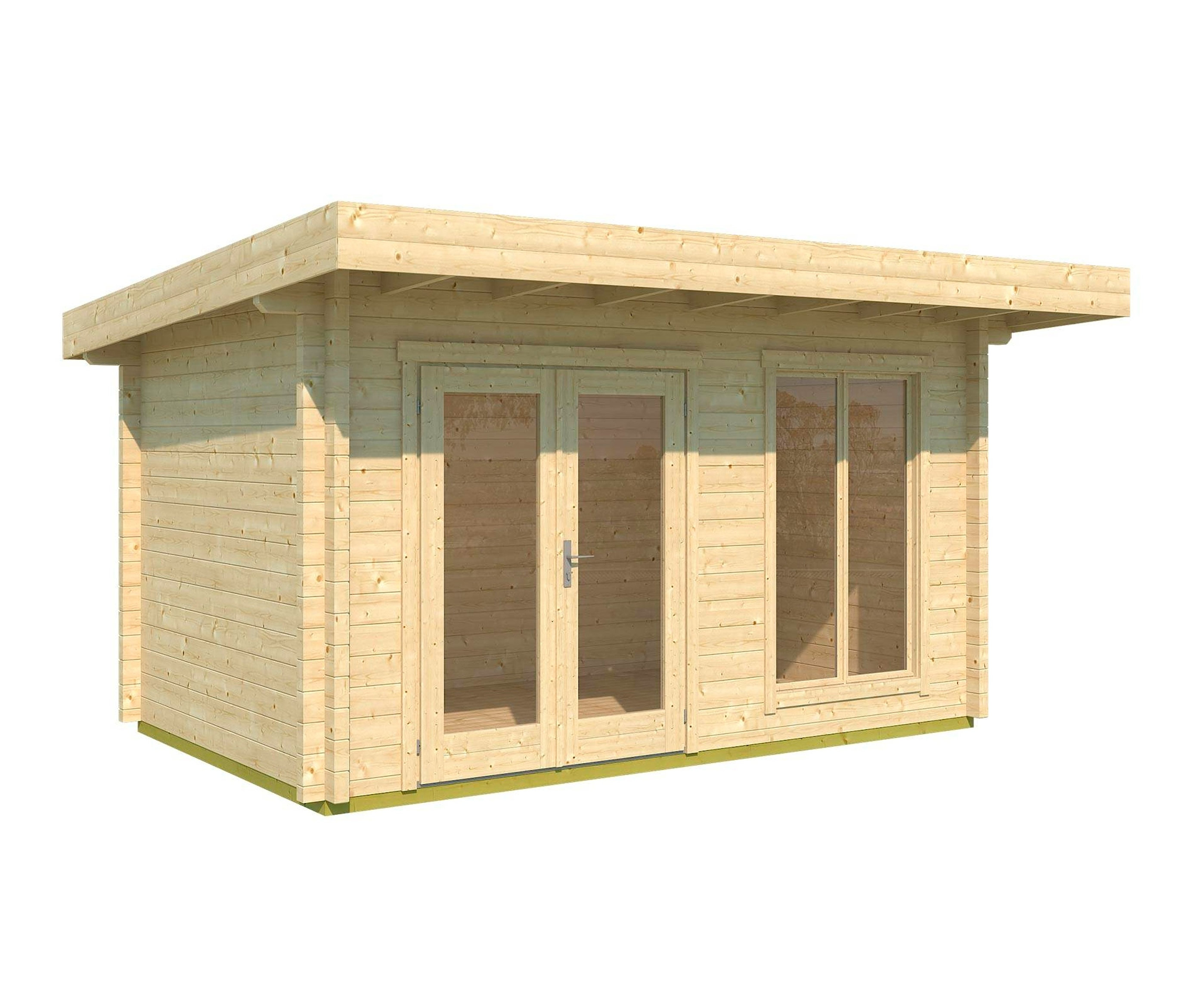 Illustration eines hölzernen Weka Premium-Wochenendhauses, 70 mm mit Glastür.