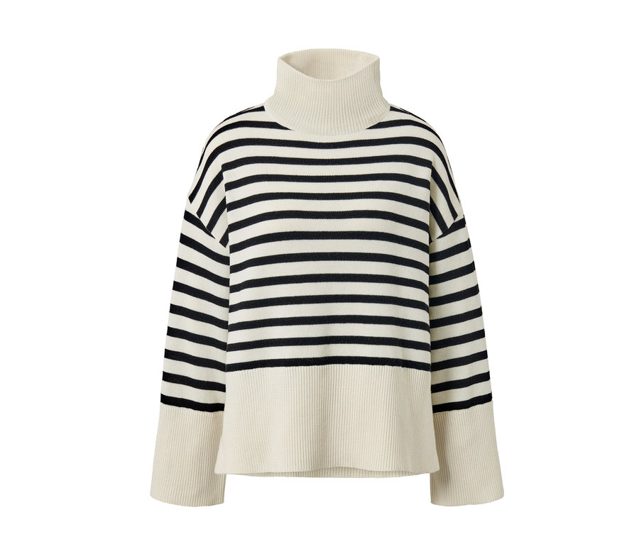 Gestreifter Strickpullover mit Wolle in Creme und Schwarz.