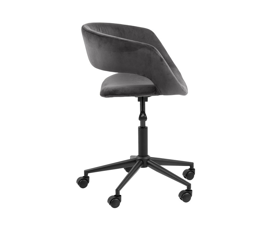 Detailansicht eines grauen Bürostuhls.