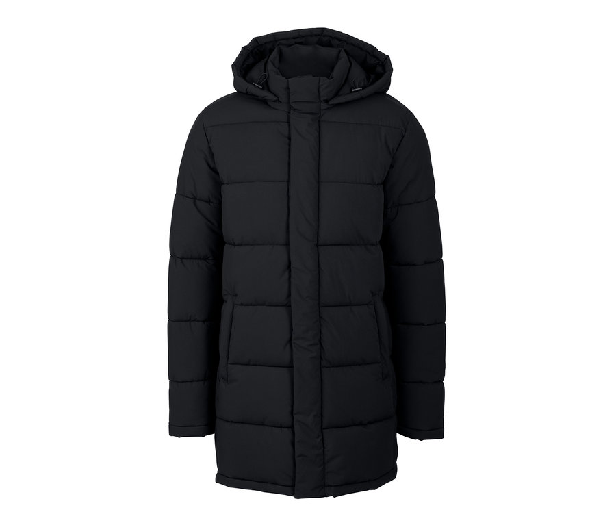 Schwarzer Stepp-Parka mit Kapuze.