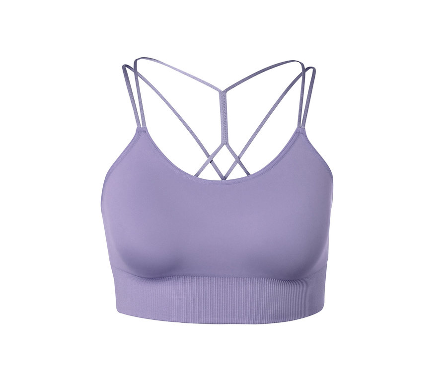 Lila Sport-Bustier mit gekreuzten Trägern.