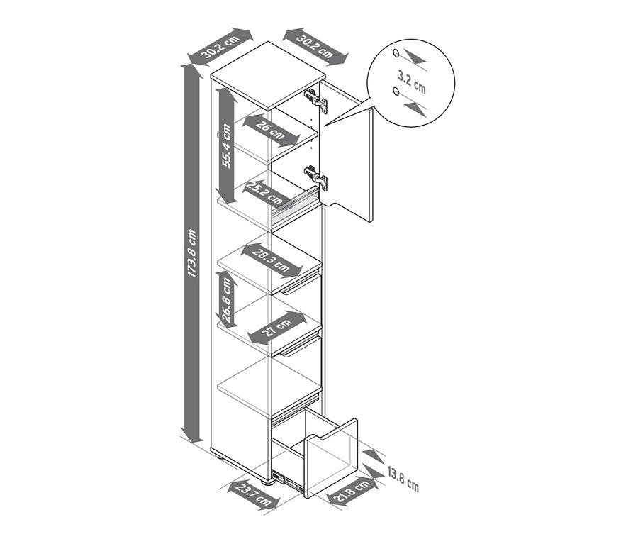 Zeichnung eines schmalen Bad-Hochschranks mit offener Tür und Schublade.