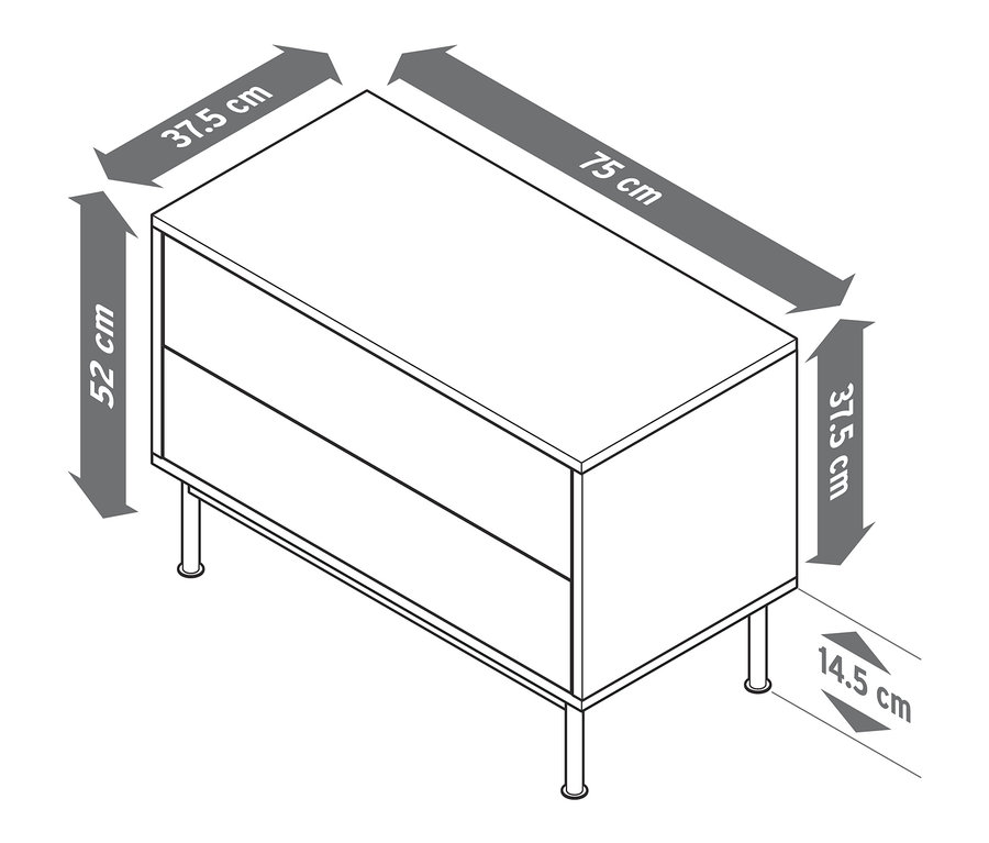 Abbildung des Regalmoduls »Flemming«, ca. 75 x 37,5 cm, mit 2 Schubladen, Eichendekor, mit Maßangaben.