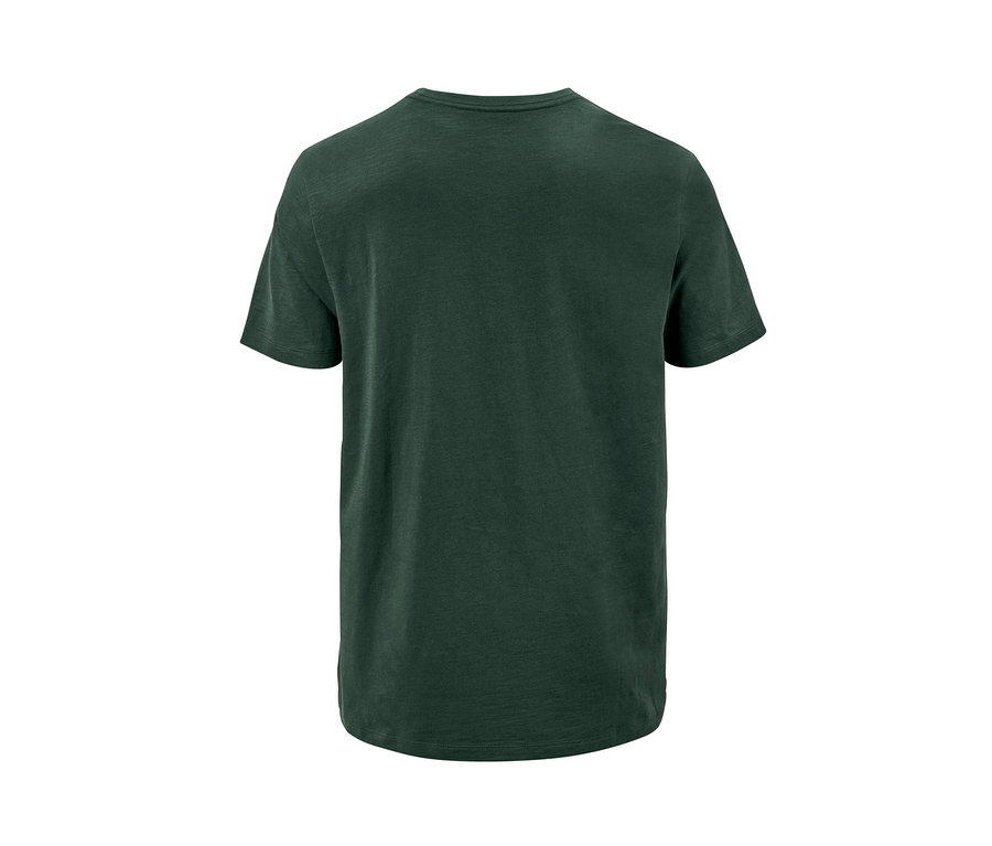 Nahaufnahme eines dunkelgrünen T-Shirts mit kurzen Ärmeln und Rundhalsausschnitt, 1 Stück aus einem 2er-Set.