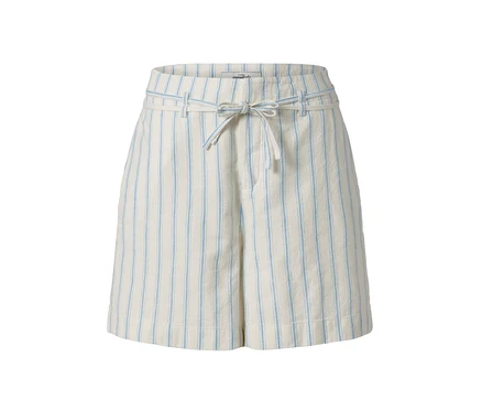 Beige Webshorts mit blauen Streifen und Kordelzug in der Taille.