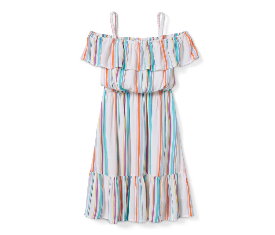 Weisses Webkleid aus Viskose mit bunten Streifen und Rüschen.