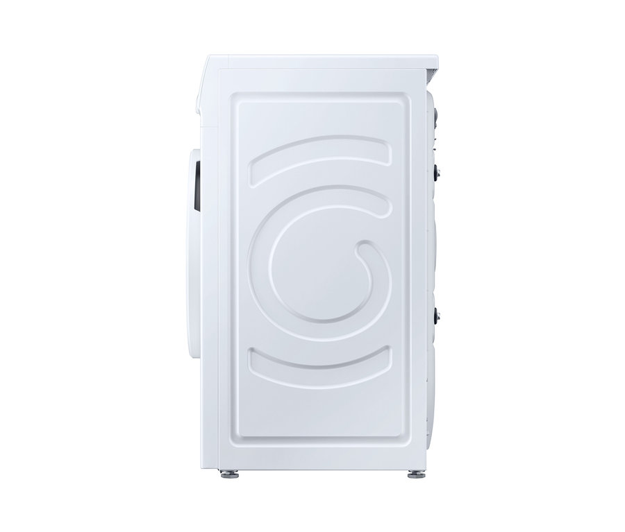 Detailansicht einer weißen Waschmaschine mit kreisförmigem Design auf der Seitenwand. Samsung Waschmaschine »WW-81T304PWW/EG« ist sichtbar.
