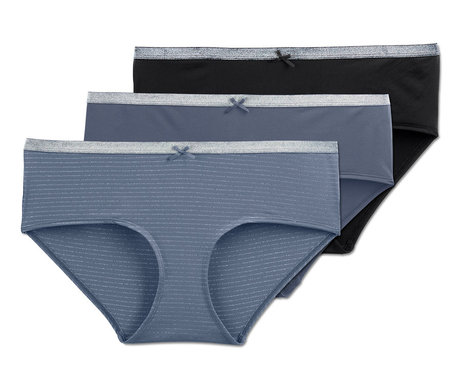 Drei Pantys: eine blau gestreifte, eine graue und eine schwarze.