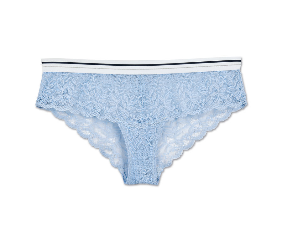 Hellblaue Spitzen-Panty auf weißem Hintergrund.