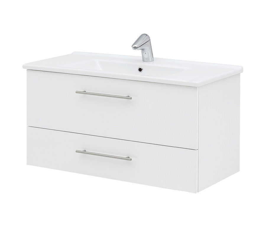 Weißer Waschtisch »Runa WT 1000« mit zwei Schubladen und Waschbecken mit Wasserhahn.