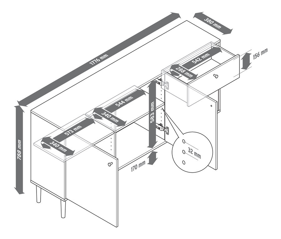 Abbildung eines Sideboards mit 2 Türen und 3 Schubladen mit Bemaßung.