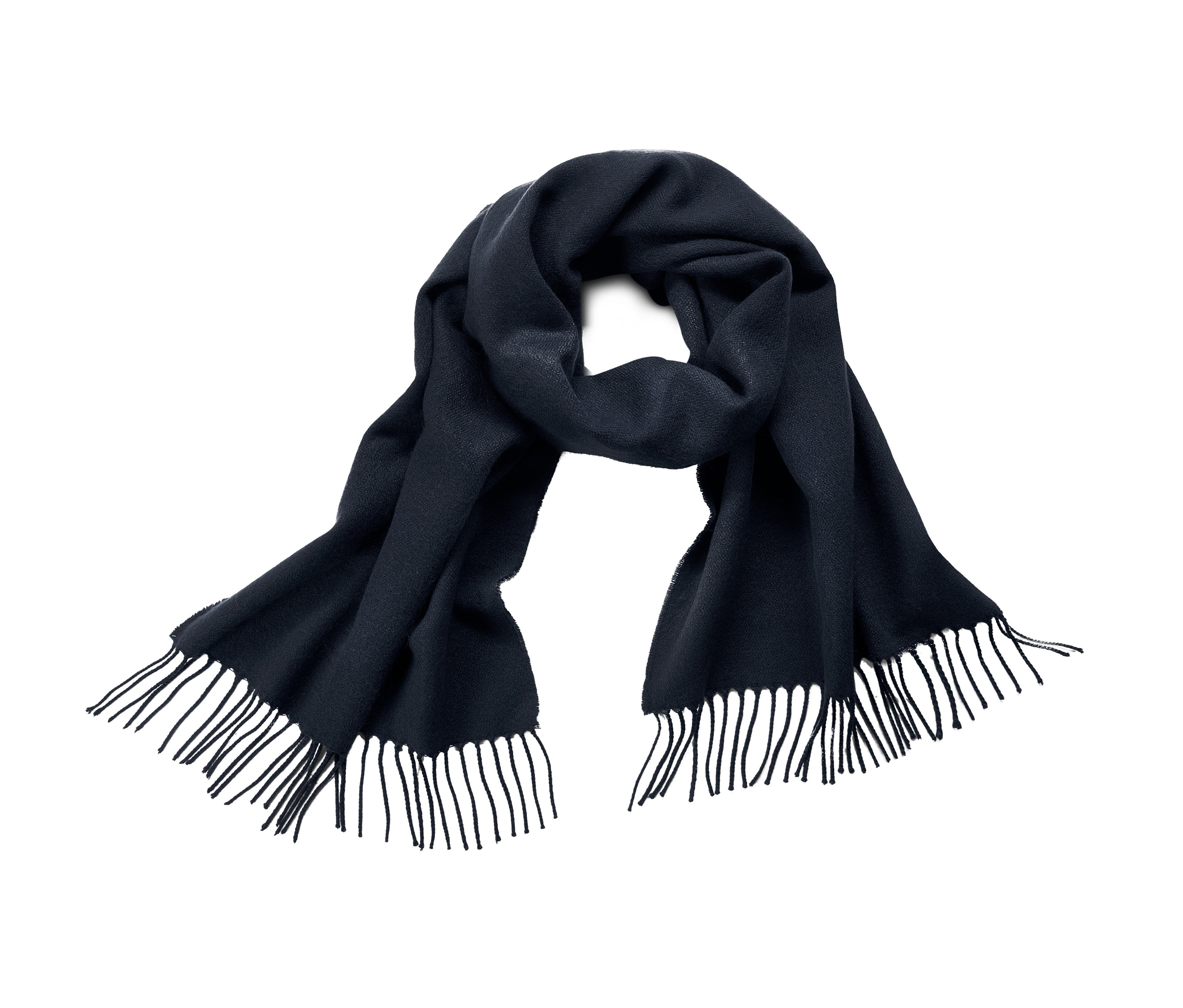 Ein marineblauer Schal mit Fransen auf weißem Hintergrund.