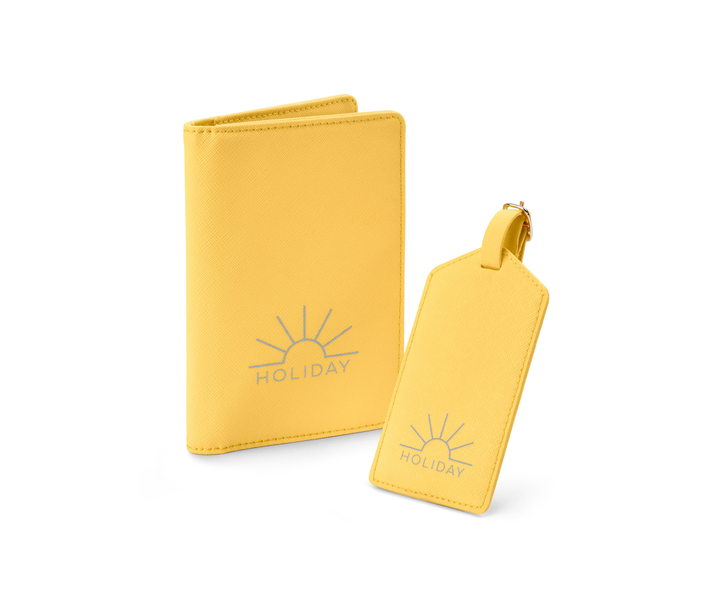 Gelbes Reise-Set mit Reisepasshülle und Gepäckanhänger.