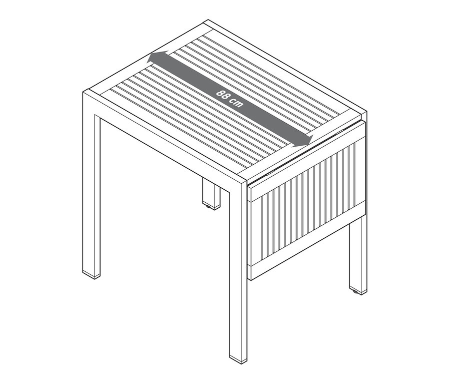 Zeichnung eines Ausziehtischs mit Pfeil, der die Breite von 88 cm anzeigt.