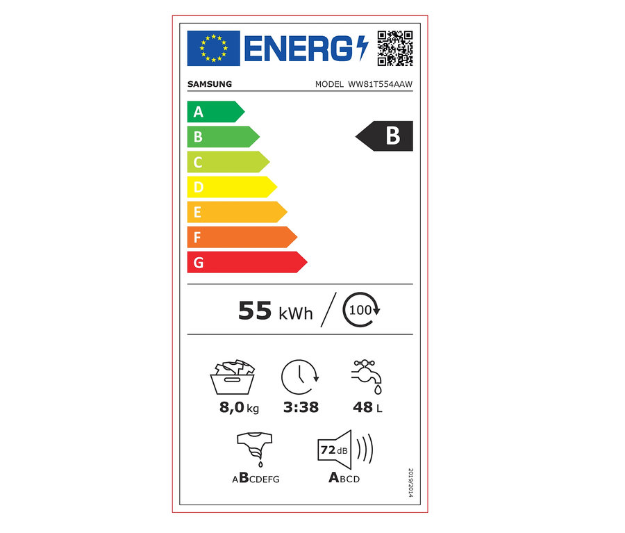 Energielabel für Samsung-Waschmaschine »WW81T554AAW/S2«, B (von A bis G), 8 kg, 1.400 U/Min.