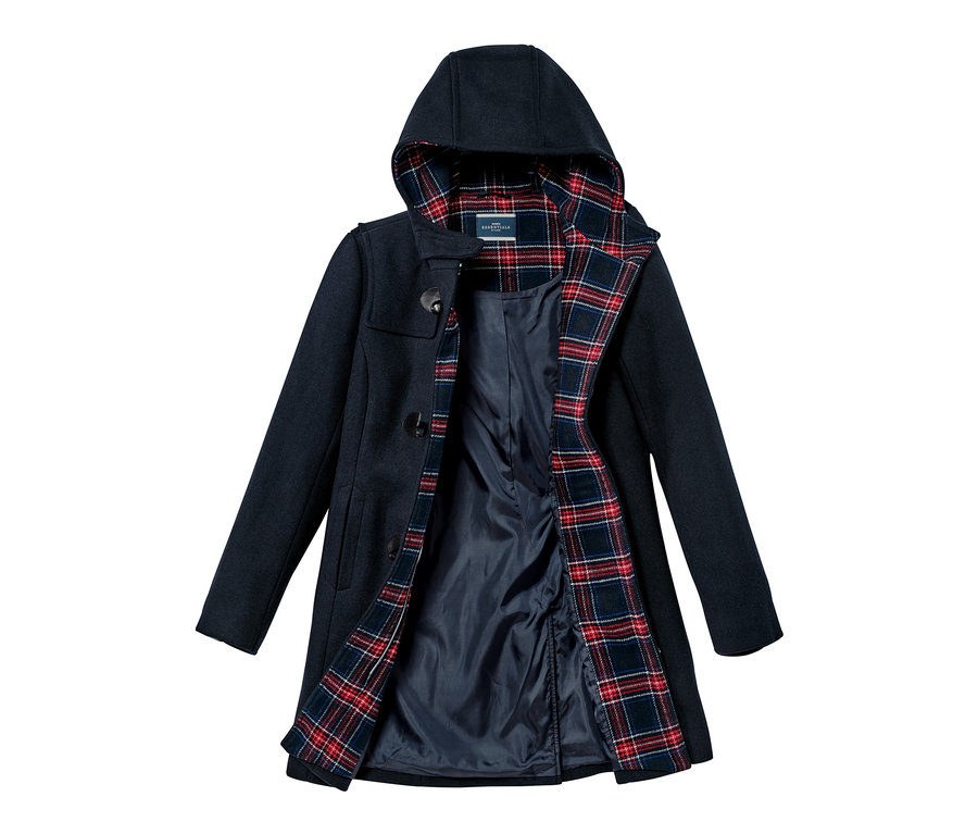 Offener, dunkelblauer Dufflecoat aus Wollmix mit Kapuze und Karofutter.