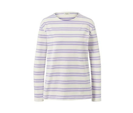 Langarmshirt, lila-cremefarben gestreift.