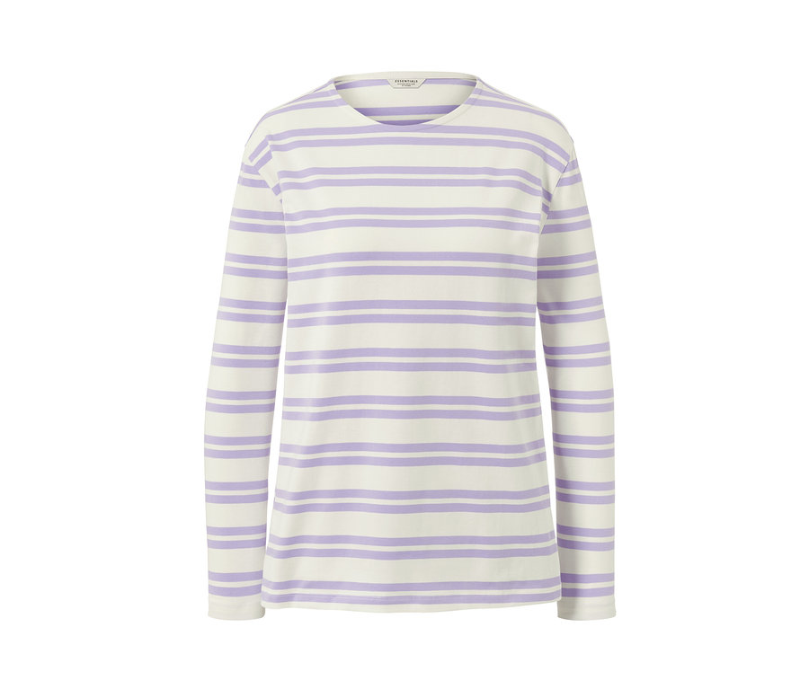 Langarmshirt, lila-cremefarben gestreift.