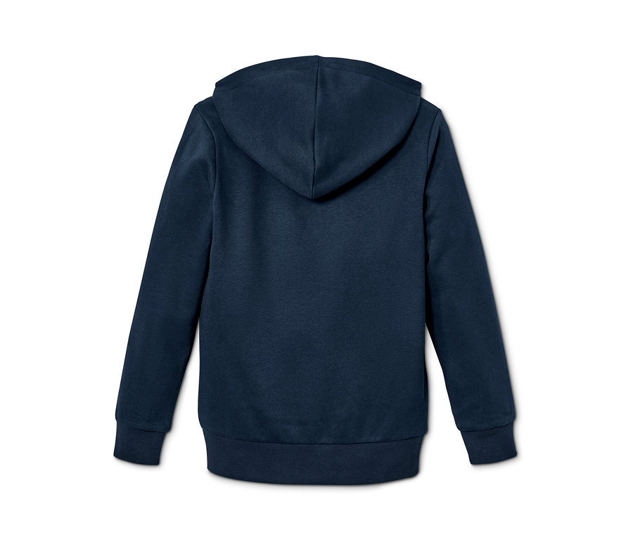 Rückansicht einer marineblauen Sweatjacke mit Kapuze.