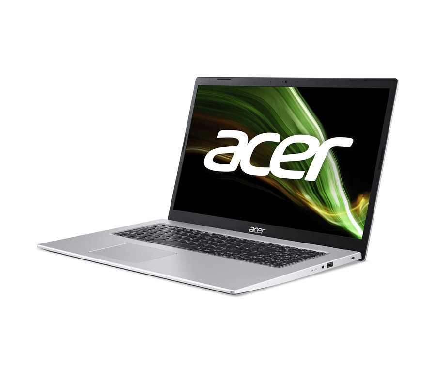 Silbernes Acer Aspire Notebook A317-53-3209 mit schwarzer Tastatur und Bildschirm, der das Acer-Logo anzeigt.