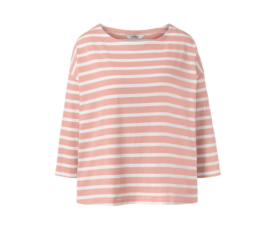 Gestreiftes Langarmshirt mit horizontalen Streifen in Weiß und Rosa.